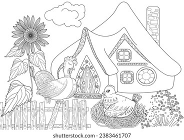 Art therapy coloring page. Colouring pictures with Cute Village House. Coloring books make you feel better. Coloring drawings is an effective art therapy practice
