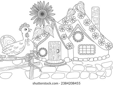 Art therapy coloring page. Colouring pictures with Cute Village House. Coloring books make you feel better. Coloring drawings is an effective art therapy practice

