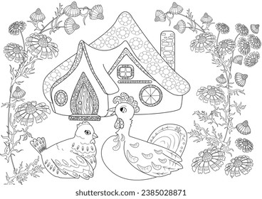 Art therapy coloring page. Colouring pictures with Cute Village House. Coloring books make you feel better. Coloring drawings is an effective art therapy practice
