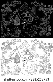 Art therapy coloring page. Colouring pictures with Cute Village House. Coloring books make you feel better. Coloring drawings is an effective art therapy practice

