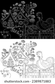 Art therapy coloring page. Colouring pictures with Cute Village House. Coloring books make you feel better. Coloring drawings is an effective art therapy practice
