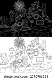 Art therapy coloring page. Colouring pictures with Cute Village House. Coloring books make you feel better. Coloring drawings is an effective art therapy practice
