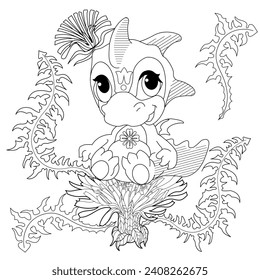Art therapy coloring page. Colouring pictures for adults and children. Linear vector drawing from the cute little dragon and Flowers. 