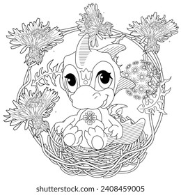 Art therapy coloring page. Colouring pictures for adults and children. Linear vector drawing from the cute little dragon and Flowers. 