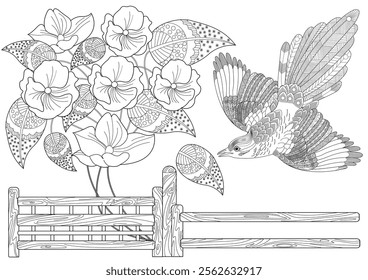 Art therapy coloring page. Colouring pictures with Magpie. The contour drawing can be easily colored with colored pencils and create a bright postcard. 