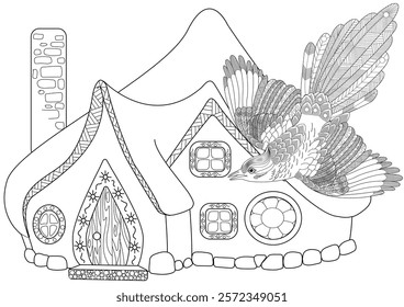 Art therapy coloring page. Colouring pictures with Magpie. The contour drawing can be easily colored with colored pencils and create a bright postcard. 
