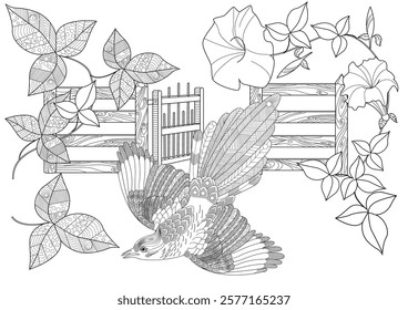 Art therapy coloring page. Colouring pictures with Magpie. The contour drawing can be easily colored with colored pencils and create a bright postcard. 

