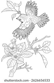 Art therapy coloring page. Colouring pictures with flowers and bird. The contour drawing can be easily colored with colored pencils and create a bright postcard.