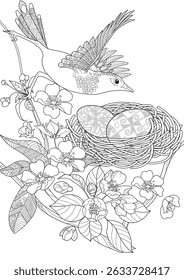 Art therapy coloring page. Colouring pictures with flowers and bird. The contour drawing can be easily colored with colored pencils and create a bright postcard.