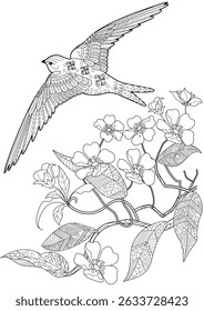 Art therapy coloring page. Colouring pictures with flowers and swallows. The contour drawing can be easily colored with colored pencils and create a bright postcard.
