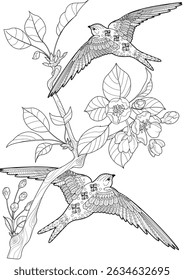 Art therapy coloring page. Colouring pictures with flowers and swallows. The contour drawing can be easily colored with colored pencils and create a bright postcard.