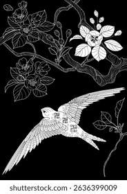 Art therapy coloring page. Colouring pictures with flowers and swallows. The contour drawing can be easily colored with colored pencils and create a bright postcard. 
