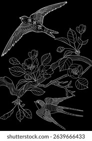 Art therapy coloring page. Colouring pictures with flowers and swallows. The contour drawing can be easily colored with colored pencils and create a bright postcard. 
