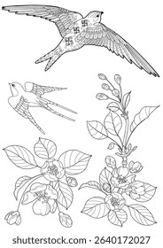 Art therapy coloring page. Colouring pictures with flowers and swallows. The contour drawing can be easily colored with colored pencils and create a bright postcard. 
