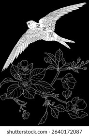 Art therapy coloring page. Colouring pictures with flowers and swallows. The contour drawing can be easily colored with colored pencils and create a bright postcard. 
