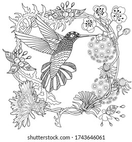 Art therapy coloring page. Cute wreath with bird, dandelions, cherry flowers, vector illustration in vintage style. Romantic design.