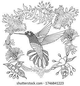 Página de coloreo de la terapia artística. Corta corteza con pájaro, leones, flores de cerezo, ilustración vectorial en estilo vintage. Diseño romántico.