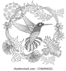 Art therapy coloring page. Cute wreath with bird, dandelions, cherry flowers, vector illustration in vintage style. Romantic design.