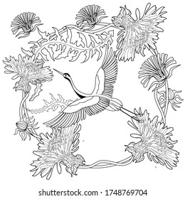 Art therapy coloring page. Cute wreath with stork, dandelions, cherry flowers, vector illustration in vintage style. Romantic design.