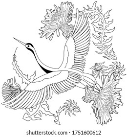 Art therapy coloring page. Cute wreath with stork, dandelions, cherry flowers, vector illustration in vintage style. Romantic design.