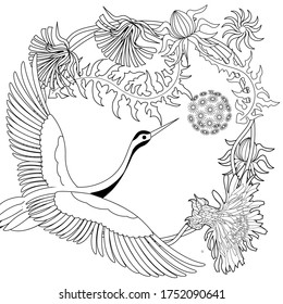 Art therapy coloring page. Cute wreath with stork, dandelions, cherry flowers, vector illustration in vintage style. Romantic design.