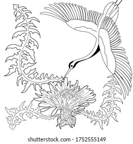 Art therapy coloring page. Cute wreath with stork, dandelions, cherry flowers, vector illustration in vintage style. Romantic design.