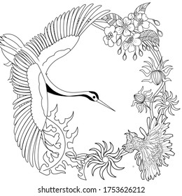Página de coloreo de la terapia artística. Corta corteza con cigüeña, dientes de león, flores de cerezo, ilustración vectorial en estilo vintage. Diseño romántico.