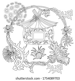 Art therapy coloring page. Cute wreath with birdhouse, dandelions, cherry flowers, vector illustration in vintage style. Romantic design.