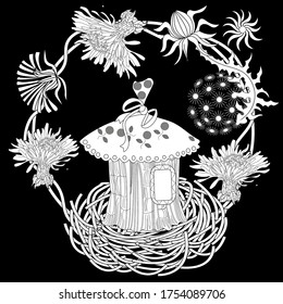 Art therapy coloring page. Cute wreath with birdhouse, dandelions, cherry flowers, vector illustration in vintage style. Romantic design.