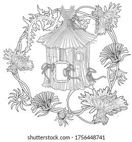 Art therapy coloring page. Cute wreath with birdhouse surrounded ny dandelions, vector illustration in vintage style. Romantic design.