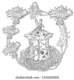 Art therapy coloring page. Cute wreath with birdhouse, dandelions, cherry flowers, vector illustration in vintage style. Romantic design.