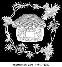 Art therapy coloring page. Cute wreath with birdhouse, dandelions, cherry flowers, vector illustration in vintage style. Romantic design.