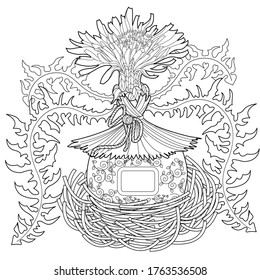 Página de coloreo de la terapia artística. Corta corteza con pajarera, dientes de león, flores de cerezo, ilustración vectorial en estilo vintage. Diseño romántico.