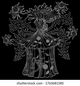 Art therapy coloring page. Cute wreath with birdhouse, dandelions, cherry flowers, vector illustration in vintage style. Romantic design.