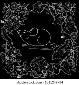 Art therapy coloring page. Cute wreath with flowers and a mouse. Vector illustration in vintage style. Romantic design.