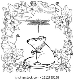 Art therapy coloring page. Cute wreath with flowers and a mouse. Vector illustration in vintage style. Romantic design.