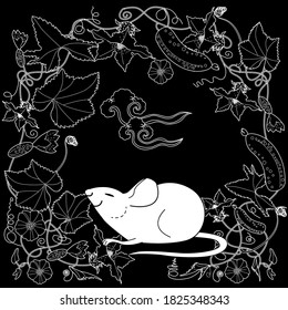 Art therapy coloring page. Cute wreath with flowers and mouse. Vector illustration in vintage style. Romantic design.