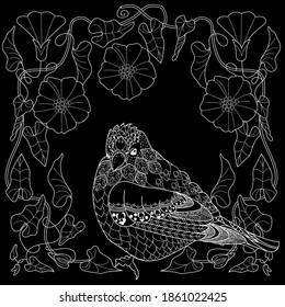 Art therapy coloring page. Cute wreath with flowers and birds. Vector illustration in vintage style. Romantic design.