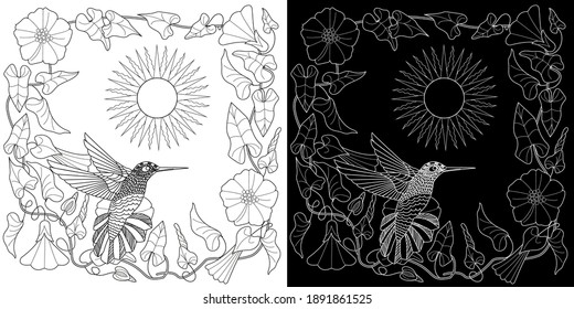 Art therapy coloring page. Cute wreath with flowers and hummingbird. Vector illustration in vintage style. Linear engraved art. Bird concept. Romantic concept.