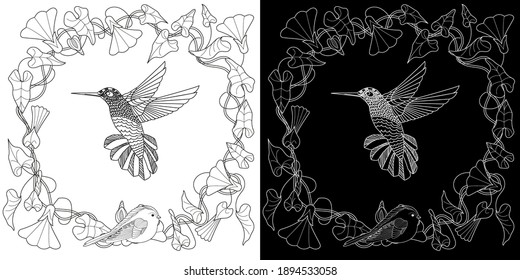 Página de coloreo de la terapia artística. Corta corona con flores y colibrí. Ilustración vectorial en estilo vintage. Arte lineal grabado. Concepto de pájaro. Concepto romántico.