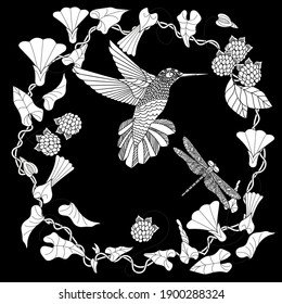 Art therapy coloring page. Cute wreath with flowers and hummingbird. Vector illustration in vintage style. Linear engraved art. Bird concept. Romantic concept.
