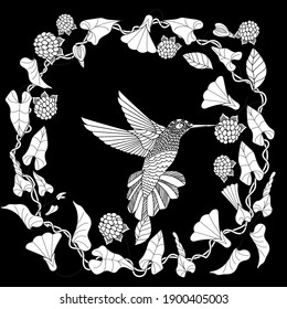 Art therapy coloring page. Cute wreath with flowers and hummingbird. Vector illustration in vintage style. Linear engraved art. Bird concept. Romantic concept.