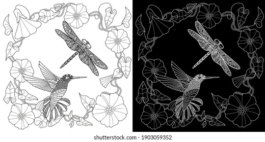 Art therapy coloring page. Cute wreath with flowers and hummingbird. Vector illustration in vintage style. Linear engraved art. Bird concept. Romantic concept.