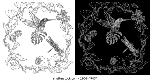 Art therapy coloring page. Cute wreath with flowers and hummingbird. Vector illustration in vintage style. Linear engraved art. Bird concept. Romantic concept.
