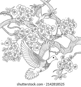 Art therapy coloring page. Dove in vintage style with blossoming cherry branches. Linear engraving art. Romantic concept.
