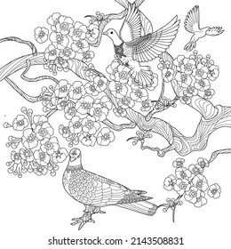Art therapy coloring page. Dove in vintage style with blossoming cherry branches. Linear engraving art. Romantic concept.
