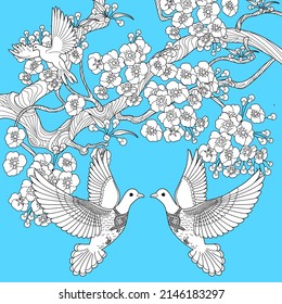 Art therapy coloring page. Dove in vintage style with blossoming cherry branches. Linear engraving art. Romantic concept.