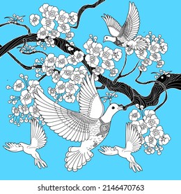 Art therapy coloring page. Dove in vintage style with blossoming cherry branches. Linear engraving art. Romantic concept.