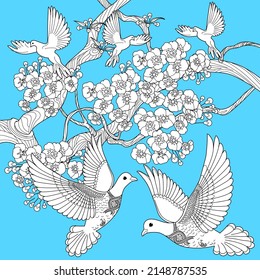 Art therapy coloring page. Dove in vintage style with blossoming cherry branches. Linear engraving art. Romantic concept.
