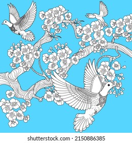 Art therapy coloring page. Dove in vintage style with blossoming cherry branches. Linear engraving art. Romantic concept.
